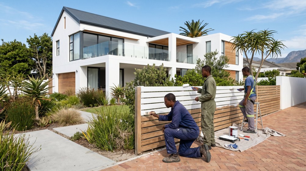 Professional fence painters painting a wooden fence at a coastal home in Bothasig