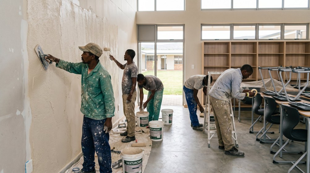 Professional texture coating team applying Texturcoat to interior walls in Bothasig