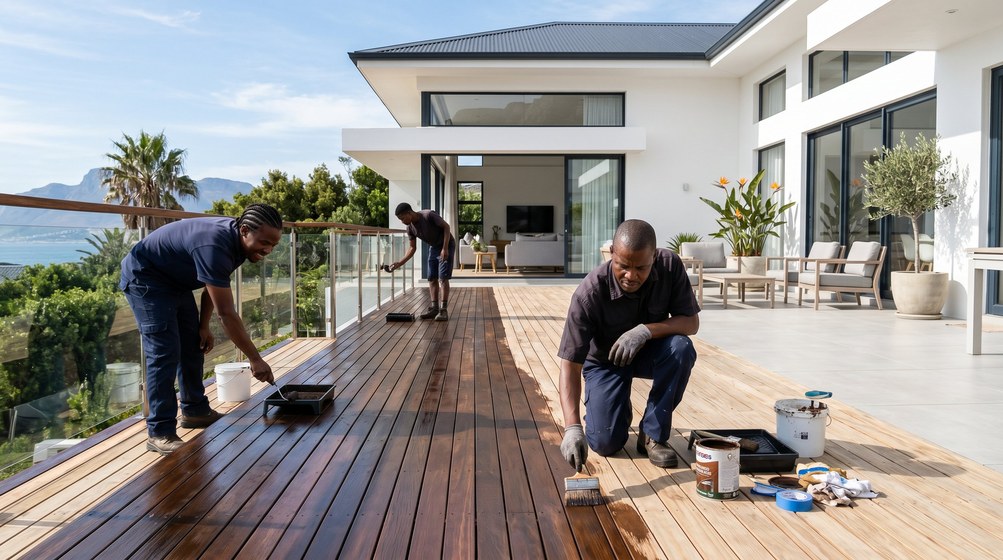 Professional wood staining team applying deck stain overlooking the ocean in Bothasig